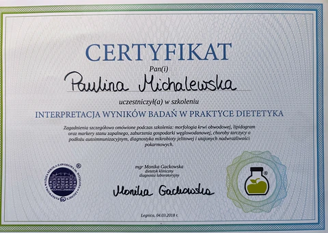 Certyfikat – Interpretacja wyników badań w praktyce dietetyka