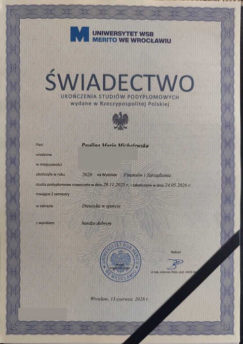Świadectwo – studia podyplomowe Dietetyka w sporcie